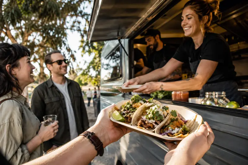 Illustrative food-truck scene with tacos passed across the counter