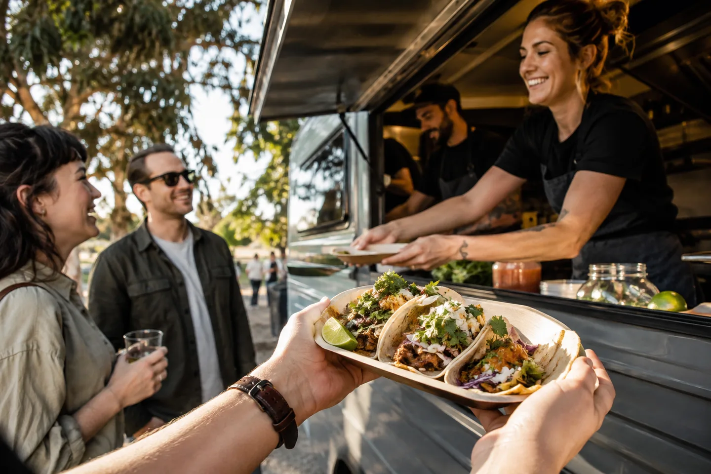 Illustrative food-truck scene with tacos passed across the counter